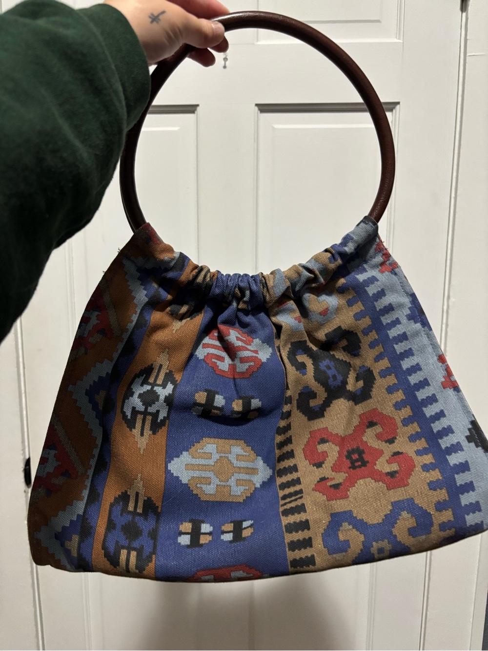 Woven Aztec-Print Ring Handle Tote Bag in Multi-Color